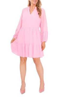 CeCe Long Sleeve Clip Dot Babydoll Dress in Pink Begonia