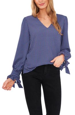 CeCe Long Sleeve V-Neck Top in Blue Blossom