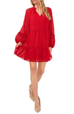 CeCe Metallic Clip Dot Long Sleeve Babydoll Minidress in Glamour Red