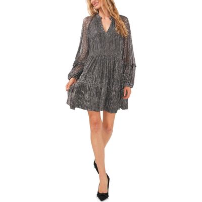 CeCe Metallic Split Neck Long Sleeve Dress in Gunmetal