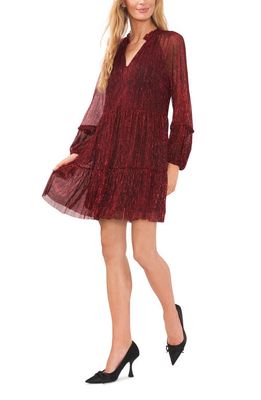 CeCe Metallic V-Neck Long Sleeve Minidress in Glamour Red