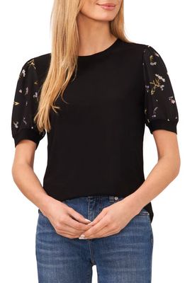 CeCe Mixed Media Clip Dot Floral Top in Rich Black