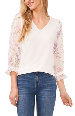 CeCe Mixed Media Clip Dot Floral V-Neck Top in New Ivory