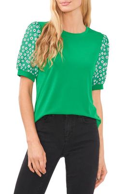 CeCe Mixed Media Floral Sleeve Top in Green
