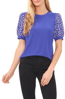 CeCe Mixed Media Floral Sleeve Top in Mineral Blue