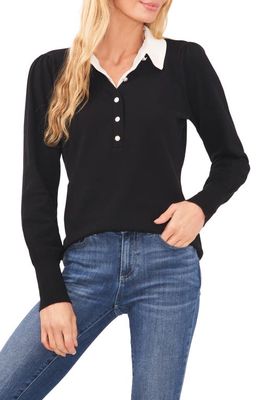 CeCe Mixed Media Imitation Pearl & Crystal Button Cotton Sweater in Rich Black