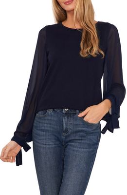 CeCe Mixed Media Tie Cuff Top in Classic Navy