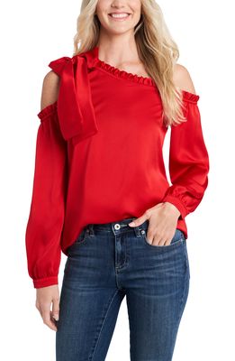 CeCe One-Shoulder Ruffle Bow Blouse in Luminous Red