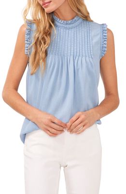 CeCe Pintuck Mock Neck Chambray Blouse in Light Blue Wash