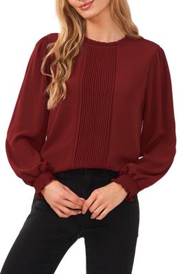CeCe Pintucked Smocked Cuff Chiffon Top in Claret Red