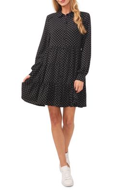 CeCe Print Tiered Long Sleeve Shirtdress in Rich Black