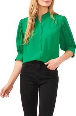 CeCe Puff Sleeve Crepe Button-Up Shirt in Lush Green