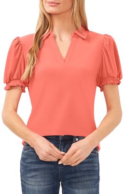 CeCe Puff Sleeve Johnny Collar Knit Top in Calypso Coral