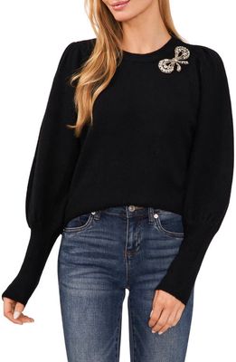 CeCe Rhinestone Bow Appliqué Sweater in Rich Black