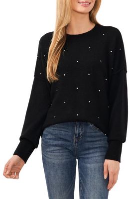 CeCe Rhinestone Embellished Crewneck Sweater in Rich Black