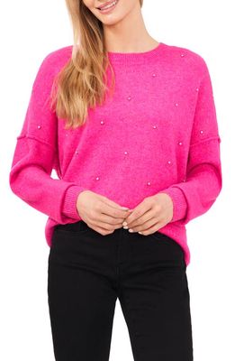 CeCe Rhinestone Embellished Crewneck Sweater in Silver Heather/Pink