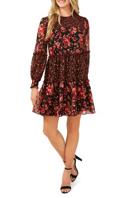 CeCe Ruffle Mixed Floral Long Sleeve Shift Dress in Rich Black