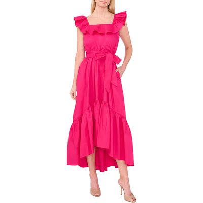 CeCe Ruffle Neck Maxi Dress in Bright Rose Pink