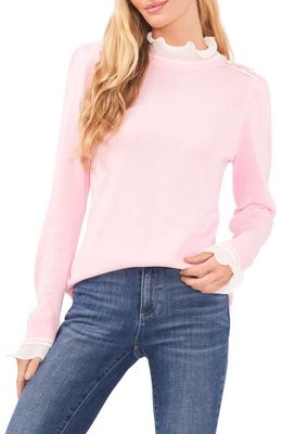 CeCe Ruffle Trim Cotton Blend Sweater in Pink Horizon