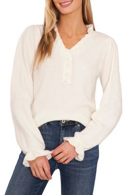 CeCe Ruffle Trim V-Neck Sweater in Antique White