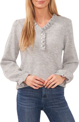 CeCe Ruffle Trim V-Neck Sweater in Light Heather Grey
