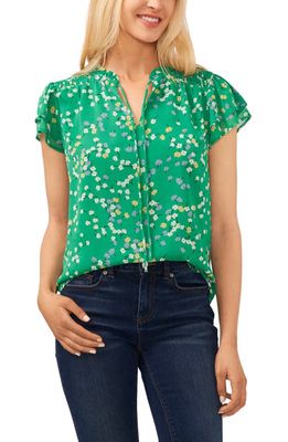CeCe Scattered Daisies Split Neck Top in Lush Green