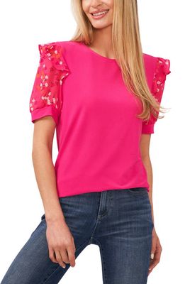CeCe Scattered Ditsy Puff Sleeve Mixed Media Top in Bright Rose