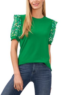 CeCe Scattered Ditsy Puff Sleeve Mixed Media Top in Green
