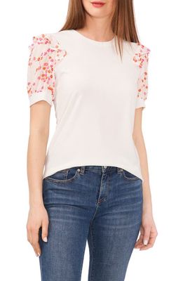 CeCe Scattered Ditsy Puff Sleeve Mixed Media Top in New Ivory
