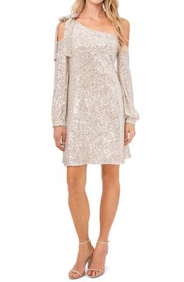 CeCe Sequin Long Sleeve One-Shoulder Dress in Champagne