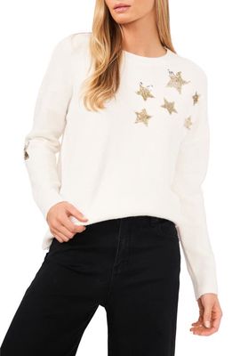 CeCe Sequin Star Cotton Blend Sweater in Antique White
