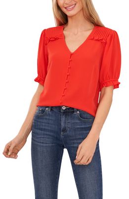 CeCe Shoulder Pintuck Button-Up Blouse in Poppy Red