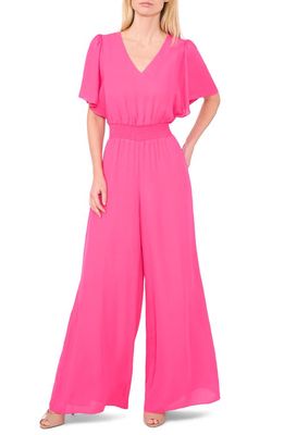 CeCe Smocked Waist Wide Leg Jumpsuit in Bright Rose Pink