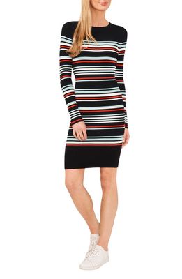 CeCe Stripe Long Sleeve Ribbed Sweater Dress in Rich Black