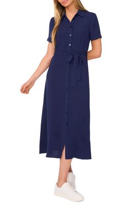 CeCe Tie Belt Button-Up Twill Midi Dress in Classic Navy Blue