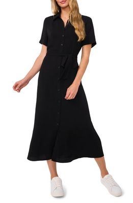 CeCe Tie Belt Button-Up Twill Midi Dress in Rich Black