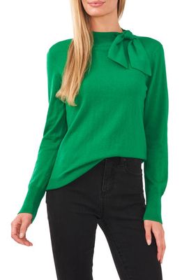 CeCe Tie Mock Neck Cotton Blend Sweater in Electric Green