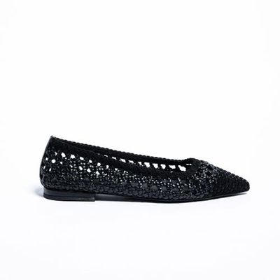 Cecelia New York Brie Woven Point Toe Ballet Flat in Black Suede 