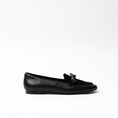 Cecelia New York Elizabeth Bow Embellished Loafer in Blklthrblksude 