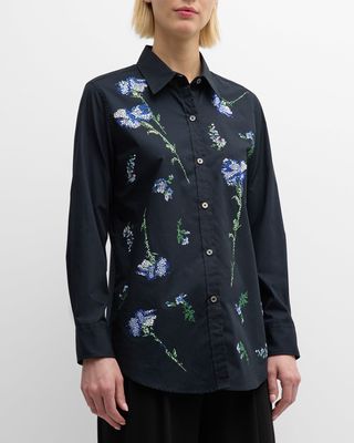 Cecil Beaton Button-Front Shirt with Blue Carnation Crystal Detail