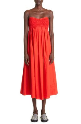 Cecilie Bahnsen Heather Smocked Bustier Cotton Blend Midi Dress in Poppy Red