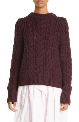 Cecilie Bahnsen Isabella Cutout Cable Knit Crewneck Virgin Wool Sweater in Bordeaux