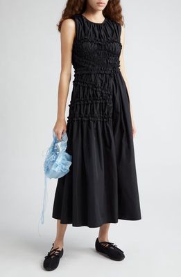 Cecilie Bahnsen Smock Frill Detail Sleeveless Midi Dress in Black