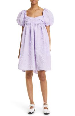 Cecilie Bahnsen Susanna Puff Sleeve Cutout Dahlia Matelassé Babydoll Dress in Lavender
