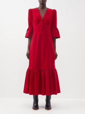 Cefinn - Daphne V-neck Corduroy Maxi Dress - Womens - Red