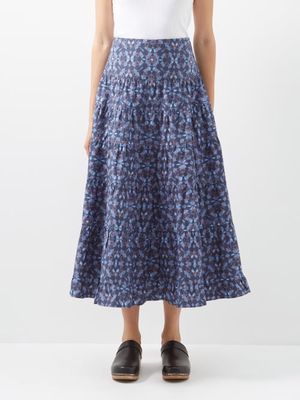 Cefinn - Sawyer Geometric-print Organic-cotton Midi Skirt - Womens - Blue Multi