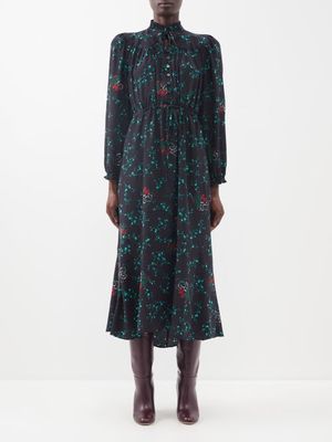 Cefinn - Zahra Floral-print Silk-crepe De Chine Midi Dress - Womens - Black Print