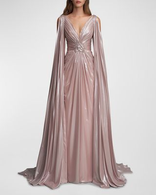Celia Metallic Pleated Cape-Sleeve Plunging Gown