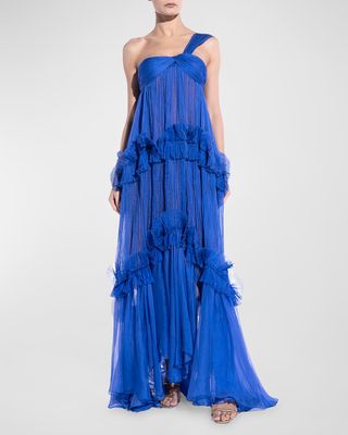 Celstia Plisse Ruffle Empire-Waist One-Shoulder Gown
