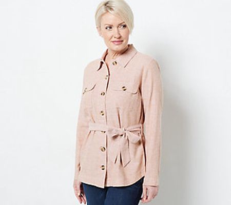 Centigrade Button Front Linen Shacket with Shirttail Hem
